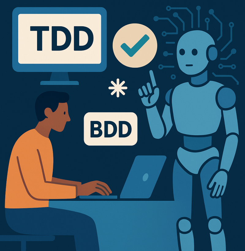 Person at laptop with robot, words TDD, BDD, and a checkmark.
