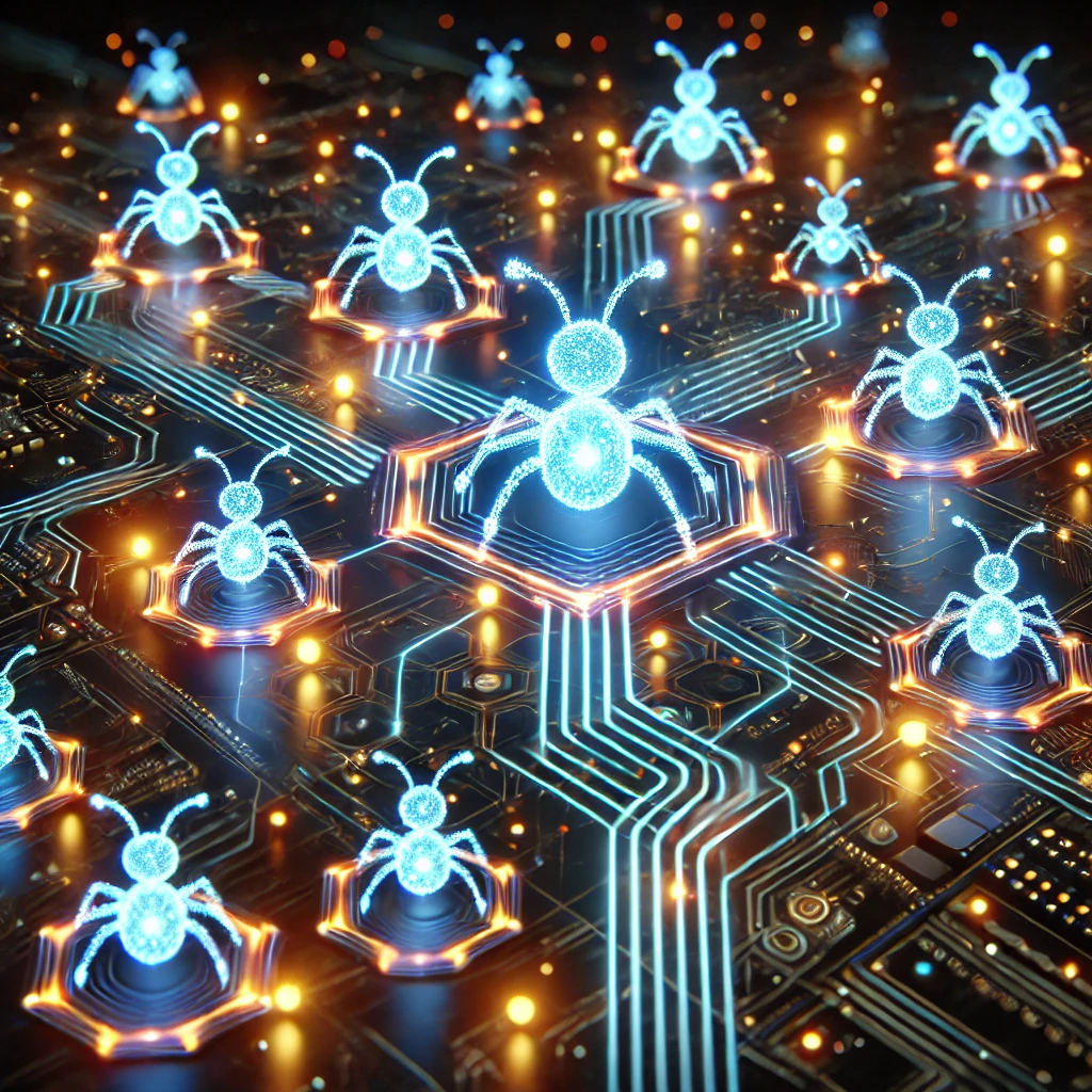 A futuristic digital representation of AI swarm agents optimizing internet traffic, inspired by ant colony behavior. The image shows glowing data path.