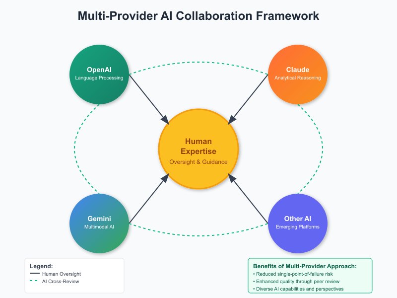 Multi-provider AI framework with circles and arrows in a network diagram.