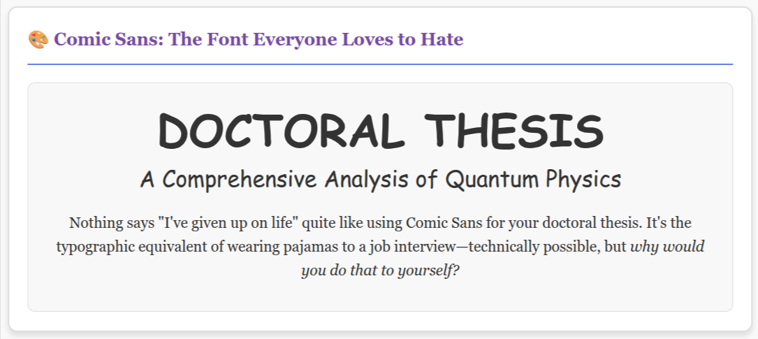 Comic Sans font used in a mock doctoral thesis on quantum physics for humorous effect.