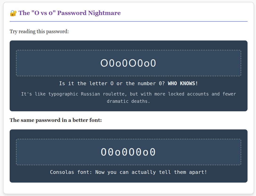 Comic comparing passwords with confusing fonts and clear fonts.
