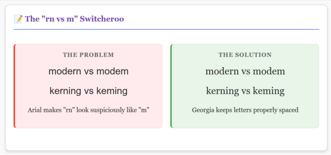 Two columns showing kerning differences in fonts: red problematic, green corrected.