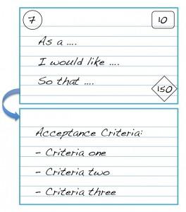 Two story cards linked by an arrow, featuring user stories and acceptance criteria.