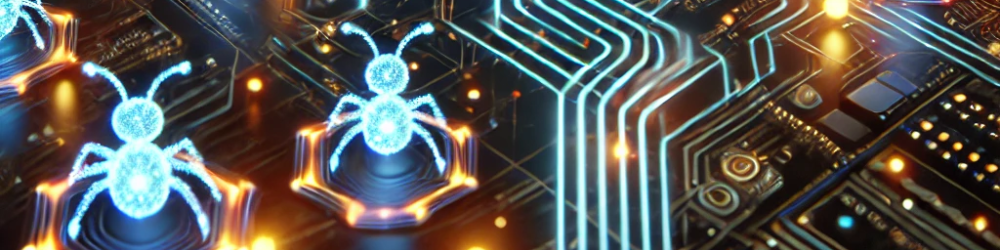 A futuristic digital representation of AI swarm agents optimizing internet traffic, inspired by ant colony behavior. The image shows glowing data path.