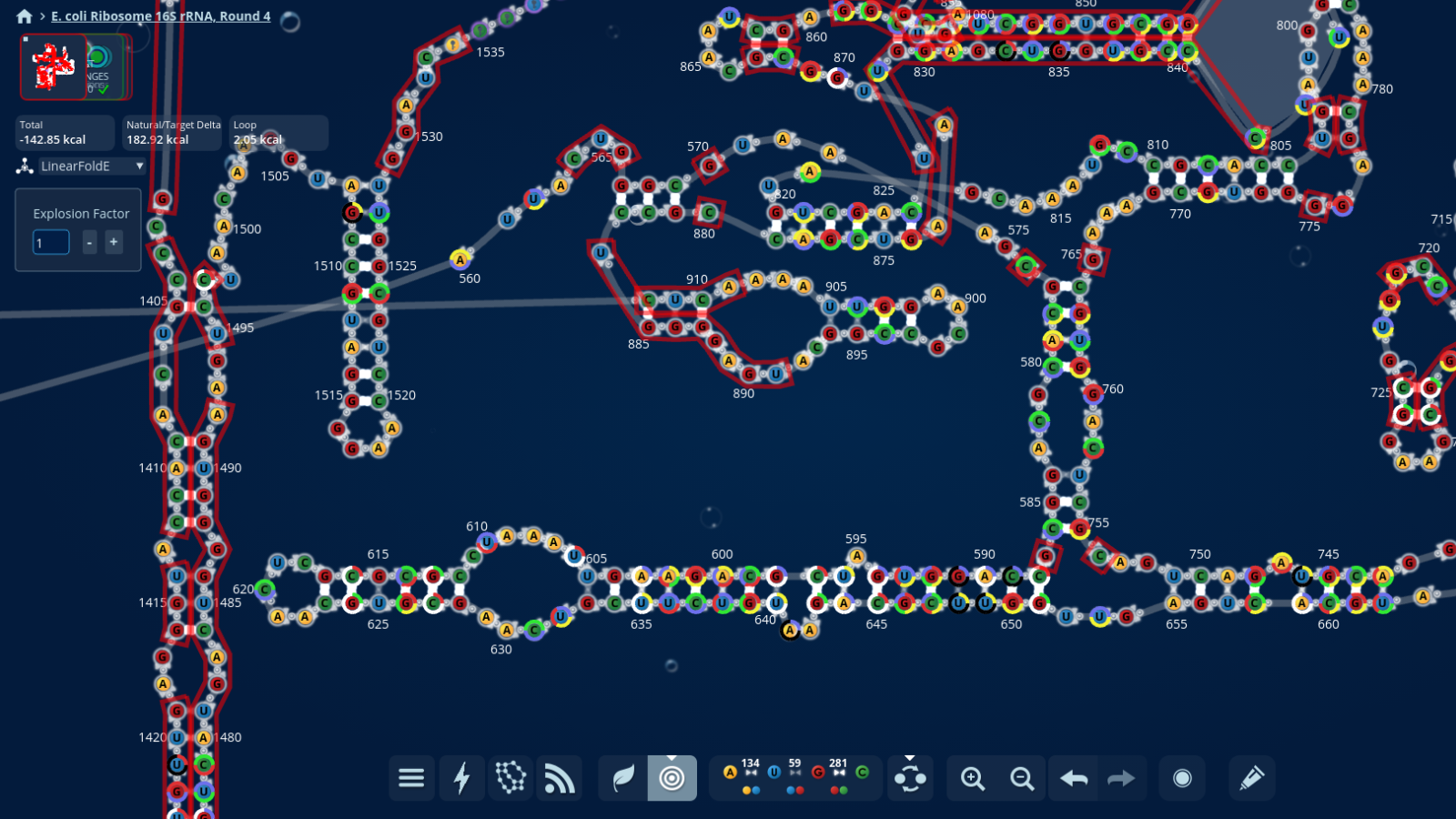 Day 2 progress work on the  E. coli Ribosome 16S rRNA, Round 4